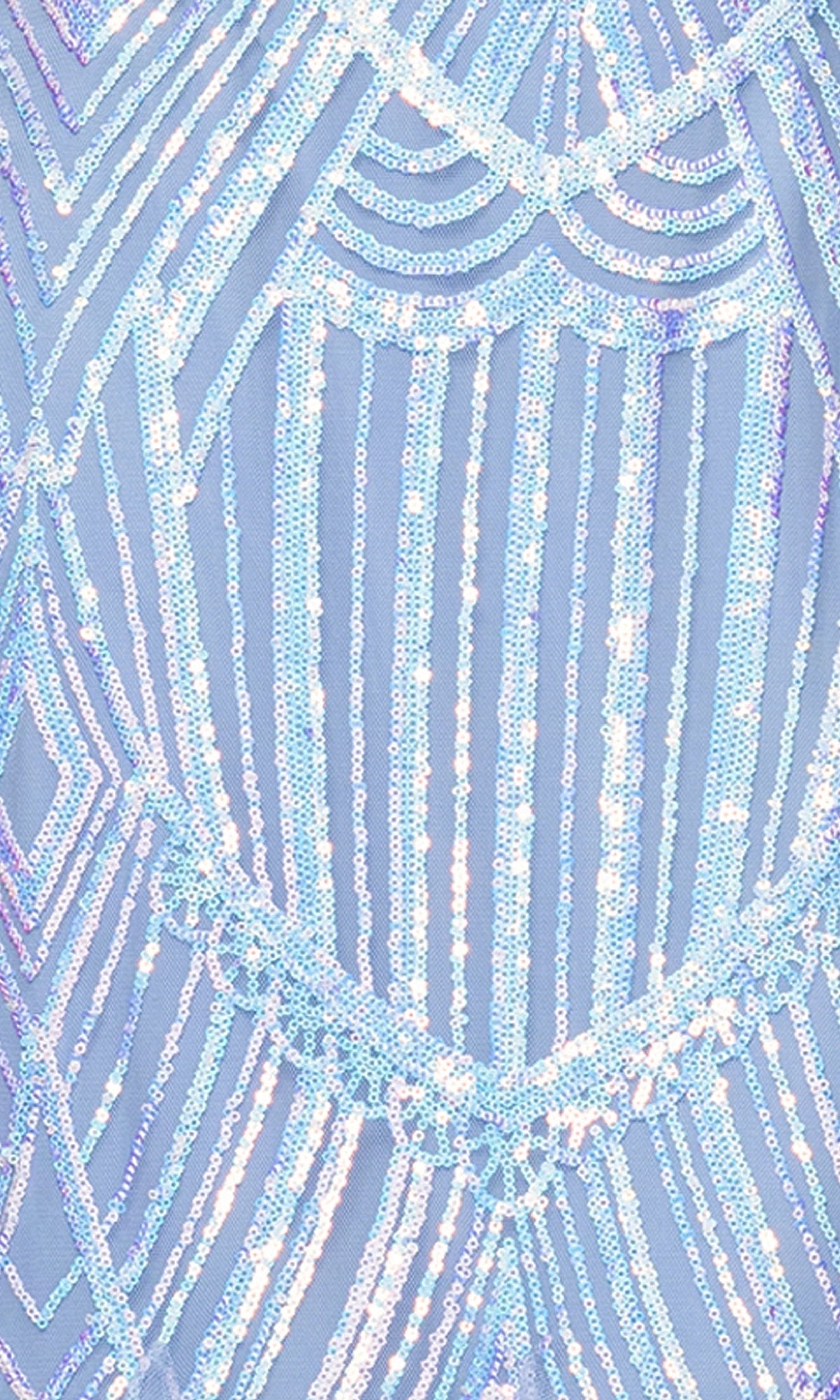 Close-up of Blondie Nites 5314BN, a long blue sequin prom dress, showcasing pastel blue fabric with intricate geometric sequin patterns and beadwork arranged in symmetrical, vertical, and curved lines.